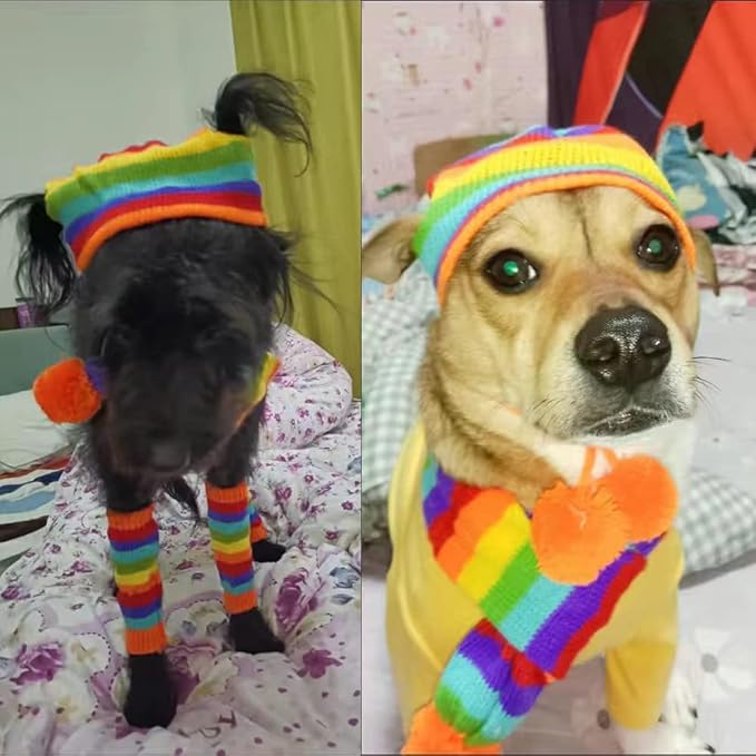 ANIAC 6 PCS Winter Knitted Dog Hat Scarf and Leg Warmer Set Puppy Warm knitting Hat with Ear Holes Pet Pompom Cap & Collar Christmas Costume Suit for Cats Small Dogs (Medium