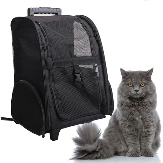 Critter Sitters Rolling 4-Wheel Pet Backpack Suitcase for Small Dogs, Cats with Scratch Resistant Breathable Mesh Window, Airline Carry-On Approved, Safety Leash, Animal Carrier Backpack