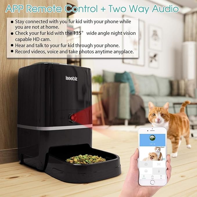 Automatic Pet Feeder, 6L Food Dispenser with Video Monitoring, Voice Record Remind, Timer Program, Portion Control, IR Detect, 4 Meals a Day for Dogs Cats, Compatible with Alexa