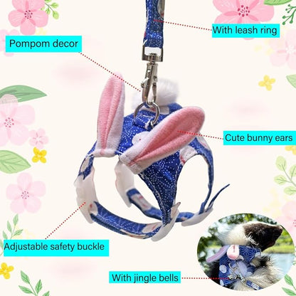 Ferret Harness and Leash Set with Bell Ferret Clothes Small Animals Accessories Bunny Ears Costume for Ferret Baby Rabbit Guinea Pig and Small pet Blue