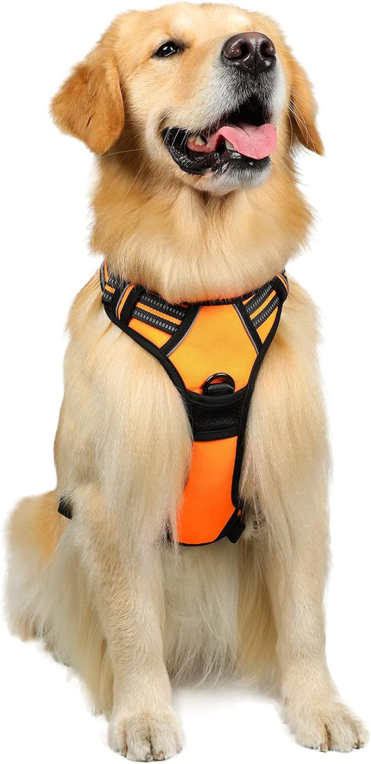 rabbitgoo Dog Harness, No-Pull Pet Harness with 2 Leash Clips, Adjustable Soft Padded Dog Vest, Reflective No-Choke Pet Oxford Vest with Easy Control Handle for Large Dogs,Orange,L