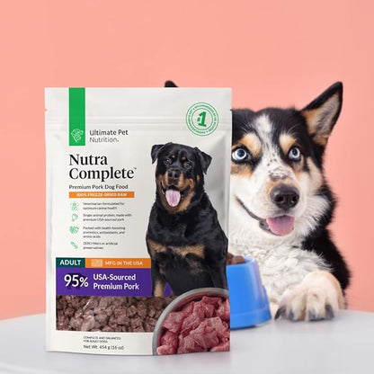 ULTIMATE PET NUTRITION Nutra Complete Raw Freeze Dried Dog Food, Veterinarian Formulated with Antioxidants, Prebiotics & Amino Acids (1 Pound, Pork)