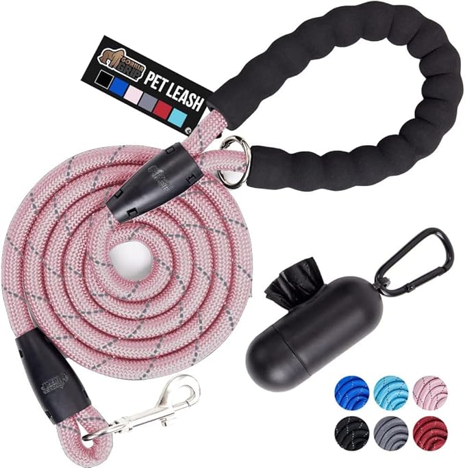 Gorilla Grip Dog Leash, Heavy Duty Reflective Rope Leashes for Large, Medium, Small Breed Dogs, Puppy Training Essential for Walks, Hikes, Soft Handle, Rotating Metal Clip, Waste Bag Dispenser, Pink