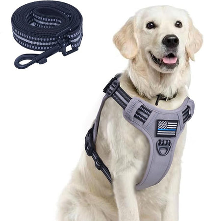 BUMBIN Tactical Dog Harness for Large Dogs No Pull with Dog Leash, Famous TIK Tok No Pull Dog Harness, Fit Smart Reflective Pet Walking Harness for Training, Adjustable Dog Vest Harness Grey L