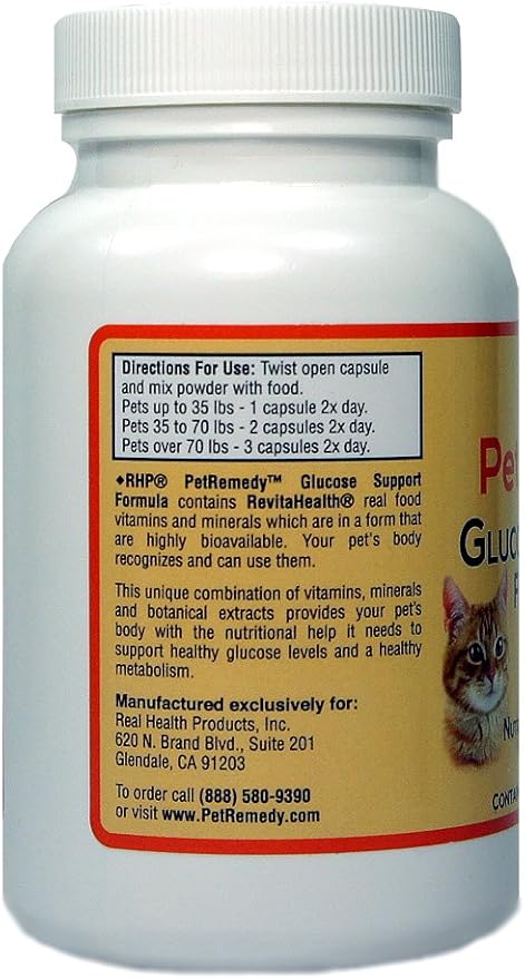 PetRemedy Pet Blood Sugar Support. Natural Supplement maintains Healthy Glucose Levels in Diabetic Cats and Dogs. (180 Capsules 90 Days
