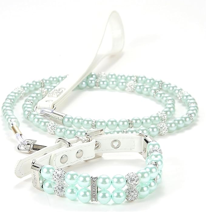 Small Dog Collars for Female Dogs, Pearl Dog Collar Leash Set Cute Pu Leather Cat Necklace with Crystal Rhinestone Diamond for Puppy XS Small Medium Dogs Wedding & Birthday Party Green XS