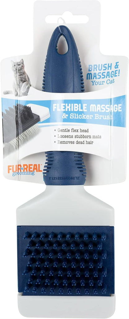 FurReal Cat Flexible Slicker Brush, Blue | Gentle Flex Head Loosens Mats & Removes Loose Fur | Massage and Brush Your Cat