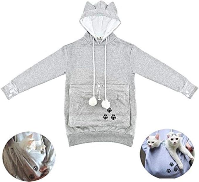 jessie Womens Pouch Hoodie Big Kangaroo Little Pet Dog Cat Carrier Sweatshirts (Gray