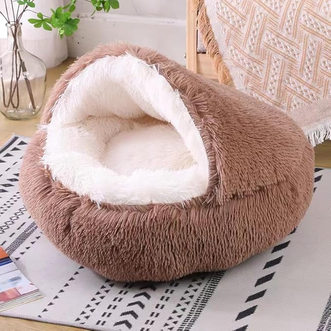 Cat Bed Round Fluffy Hooded Cat Bed Cave