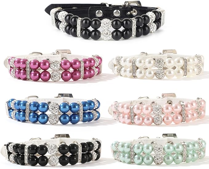 Pink Pearl Dog Collar, Pearl Cat Collar PU Leather Female Dogs Necklace with Crystal Diamond Rhinestone Jewlled for Small Medium Dogs Wedding & Birthday Gift, M