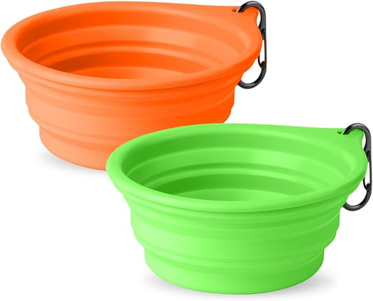 Dog Bowl Travel Collapsible Bowls 2 Pack, Portable Foldable Cats Dogs Water Dish Puppy Bowl (Orange 172 + Fluorescent Green)