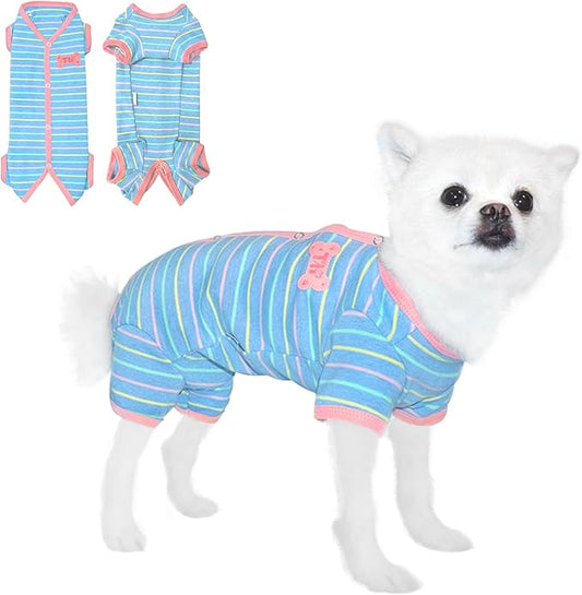 TONY HOBY Female Dog Pajamas, Dog Thermal Pajamas with Stripe, Dog Jumpsuit Pet Clothes for Small Medium Dog (Light Blue, Girl, XS)