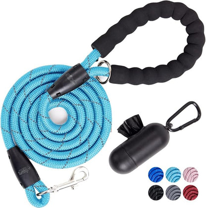 Gorilla Grip Dog Leash, Heavy Duty Reflective Rope Leashes for Large, Medium, Small Breed Dogs, Puppy Training Essential for Walks, Hikes, Soft Handle, Rotating Metal Clip, Waste Bag Dispenser, Blue