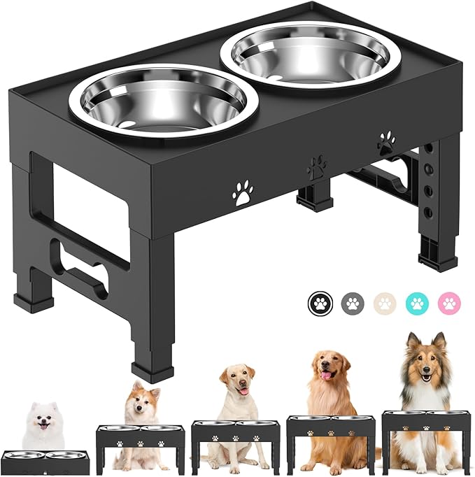 Elevated Dog Bowls 5 Height Adjustable with 2 Stainless Steel Dog Food Bowls Stand Non-Slip No Spill Dog Dish Raised Dog Bowl Adjusts to 3.1”, 9”, 10”, 11”, 12” for Medium Large Dogs