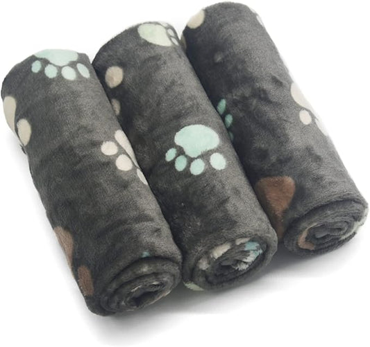 1 Pack 3 Puppy Blankets Super Soft Warm Sleep Mat Grey PAW Print Blanket Fleece Pet Blanket Dog Blankets for Small Dogs Puppy Dogs Fluffy Cats Large(40"x30")