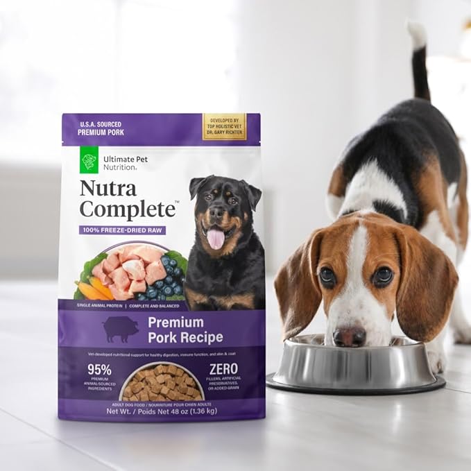 ULTIMATE PET NUTRITION Nutra Complete Raw Freeze Dried Dog Food, Veterinarian Formulated with Antioxidants, Prebiotics & Amino Acids (3 Pound, Pork)