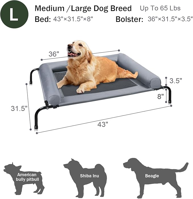 Large Elevated Dog Bed with Pillows and Ice Pack