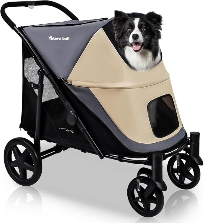 Dog Stroller for Medium/Large Dogs One-Click Folding Totoro 4 Wheel 2 Dogs 110LBS (Beige&Grey)