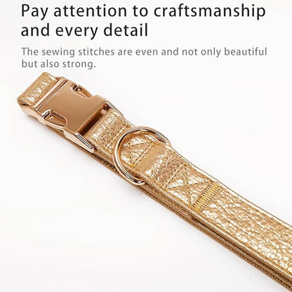 Glare Gold Dog Collar Leather and Nylon Double Layer Thickened Design Adjustable Durable Heavy Duty Dog Collars with Quick Release Metal Buckle for Small Medium Large Dogs S 8.7-13.8"