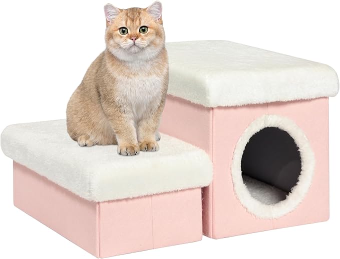 B FSOBEIIALEO Cat House with Toy Storage Box, Cat Condo Stairs for Indoor Room Bed Cat Cave, Foldable Pets beds Pet Steps Pink 15.7x12.6x12.6 inches