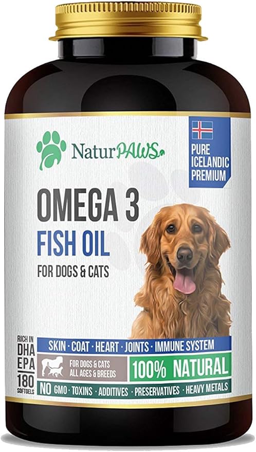 Omega 3 Fish Oil Supplement for Dogs and Cats - 1000 mg Pure DHA and EPA Omegas - Supports Healthy Coat and Skin, Heart, Immune System, Joints and Hip - 180 softgels