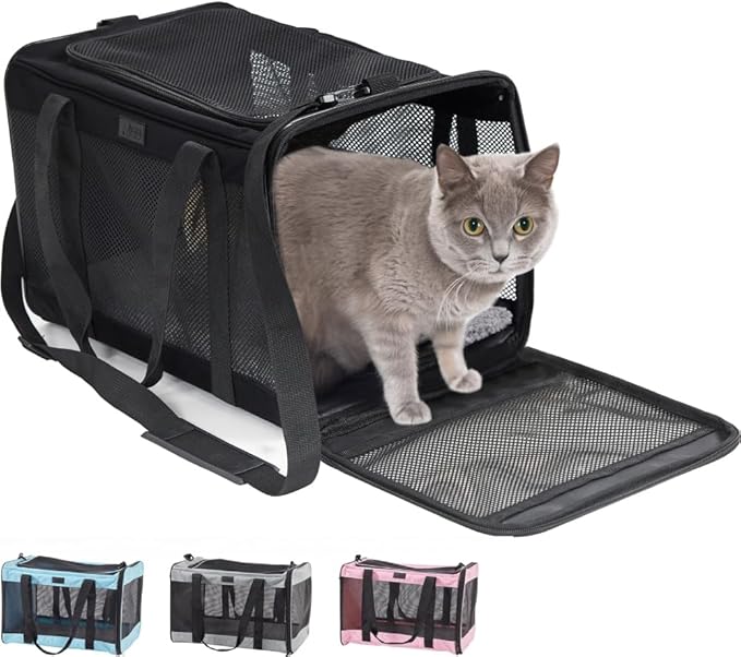 Gorilla Grip Airline Travel Cat Carrier Bag Up to 15 Lbs, Breathable Mesh Collapsible Pet Carriers for Small, Medium Cats, Small Dogs, Puppies, Portable Kennel with Soft Washable Waterproof Pad, Black