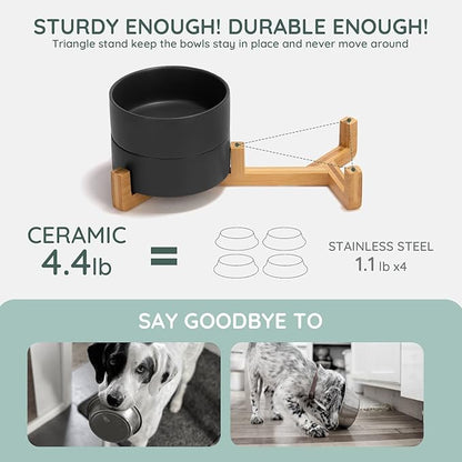 SPUNKYJUNKY Ceramic Dog and Cat Bowl Set with Wooden Stand, Modern Cute Weighted Food Water Set for Small Size Dogs (13.5OZ) & Medium Sized Dogs (28.7OZ) & Cats (3.6 Cups, 2 × Black)