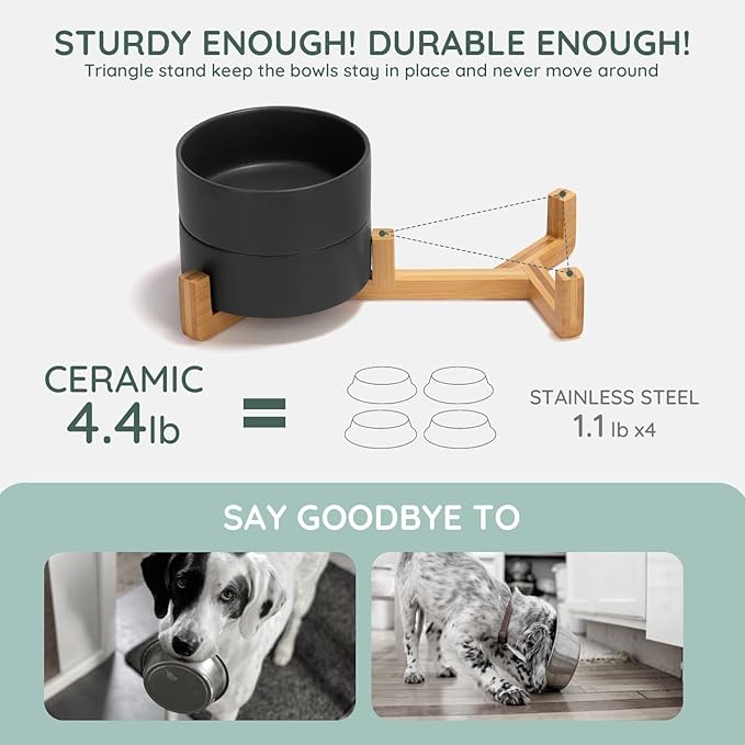 SPUNKYJUNKY Ceramic Dog and Cat Bowl Set with Wooden Stand, Modern Cute Weighted Food Water Set for Small Size Dogs (13.5OZ) & Medium Sized Dogs (28.7OZ) & Cats (3.6 Cups, 2 × Black)