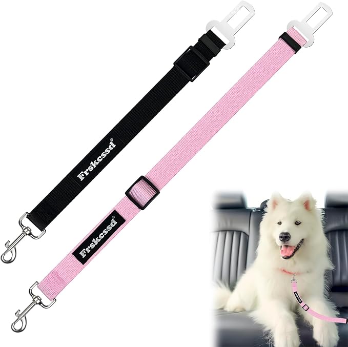 2 PCS Dog Seat Belt for Car Frskcssd Adjustable Dog Car Harness Heavy Duty Nylon Dog Safety Seat Belt Durable Pet Seat Belts for Small & Large Dogs Supports All Cars Quick & Easy Installation (Pink)