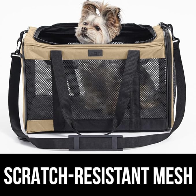 Gorilla Grip Airline Travel Cat Carrier Bag Up to 15 Lbs, Breathable Mesh Collapsible Pet Carriers for Small, Medium Cats, Small Dogs, Puppies, Portable Kennel with Soft Washable Waterproof Pad, Beige