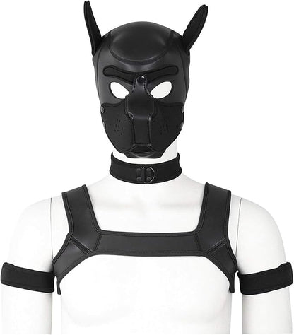 4 Sets Neoprene Puppy Hood Animal Head Mask Novelty Costume Dog (Hood Mask + Collar + Armband + Harness) (Large, Black)