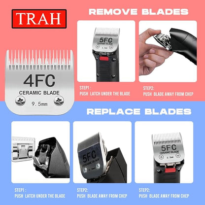 TRAH 10#/4FC/5FC/7FC Blade Dog Grooming Clipper Replacement Ceramic Blades Compatible with Andis Dog Clippers,Most A5, KM Series Clippers,Cut Length (1.5mm) to 3/8"(9.5mm), Silver 4 Pack