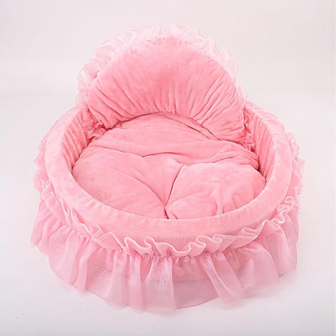 WYSBAOSHU Cute Princess Pet Bed Bow-TIE Lace Cat Sofa Soft Plush Small Dog Cushion Bed Kitten Puppy Round Beds (L, Pink)