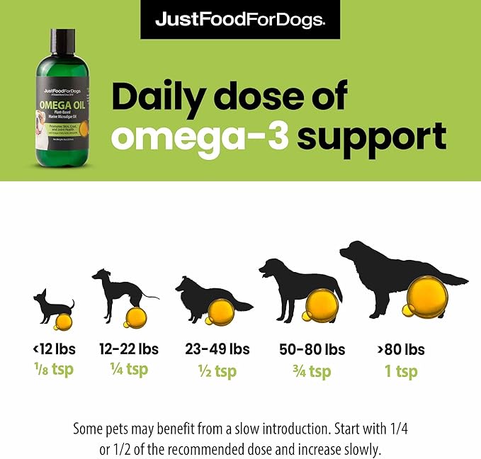 JustFoodForDogs Omega Plus Oil Omega-3 Supplement for Dogs, Skin & Coat Support, Joint Health, EPA & DHA from Algae Oil, Sustainable & Eco-Friendly - 8 oz