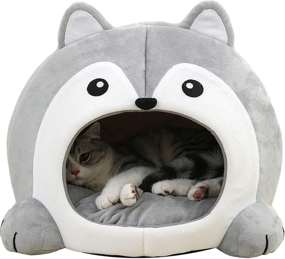 QWINEE Indoor Fox Shape Cat Bed Cave with Removable Cushion