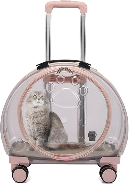 Cat Carrier with Wheels, Acrylic Rolling Cat Carrier with Retractable Pull Rods and Swivel Wheels, Comfortable and Breathable Pet Carrier with Wheels for Small Pets Kittens Dogs Rabbits(Light Pink)