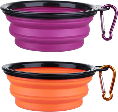 Dog Bowl Pet Collapsible Bowls, 2 Pack Collapsible Dog Water Bowls for Cats Dogs, Portable Pet Feeding Watering Dish for Walking Parking Traveling with 2 Carabiners (Small, Orange+Purple)