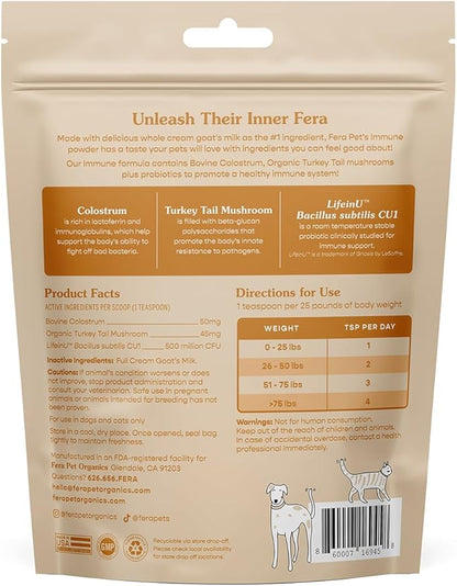 Fera Pet Organics Immune Goat Milk Cat & Dog Food Topper – Vet Created - Pet Allergy & Immunity Aid – Probiotic - Colostrum & Turkey Tail Mushroom-60 Servings