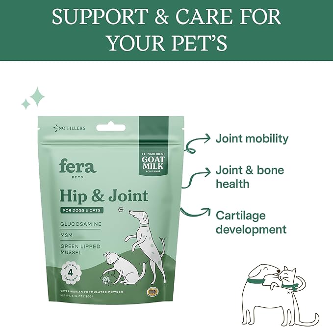 Fera Pet Organics Hip & Joint Goat Milk Cat & Dog – Vet Created - Joint Supplement for Dogs & Cats – Glucosamine for Dogs & Cats, MSM- 60 Servings