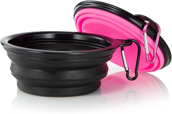 Dog Bowl Pet Collapsible Bowls, 2 Pack Collapsible Dog Water Bowls for Cats Dogs, Portable Pet Feeding Watering Dish for Walking Parking Traveling with 2 Carabiners (Small, Black & Pink)