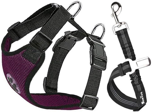 SlowTon Dog Seat Belt Harness for Car, Dog Car Harness Adjustable Mesh Breathable & Dog Seatbelt Safety Tether with Elastic Bungee for Small Medium Large Pets(Burgundy, Single Clip, S)