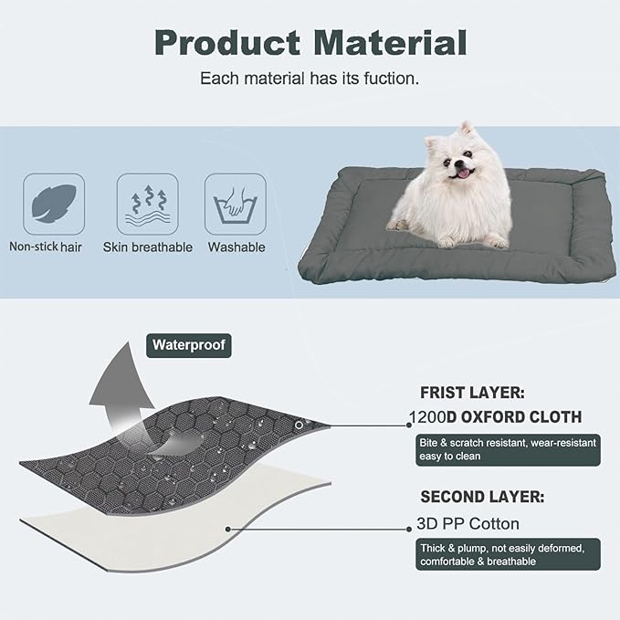 YOFANG Outdoor Travel Dog Bed Waterproof and Anti-Slip,Portable Roll Up Dog Beds for Camping,Durable Ripstop 1600D Nylon Fabric Dog Crate Pad Easy to Clean for Car,Sofa and Cage,Grey,36"x25"