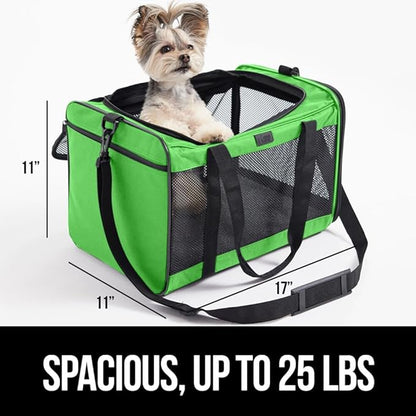 Gorilla Grip Airline Travel Cat Carrier Bag Up to 15 Lbs, Breathable Mesh Collapsible Pet Carriers for Medium Cats, Small Dogs, Puppies, Portable Kennel with Soft Washable Waterproof Pad, Light Green