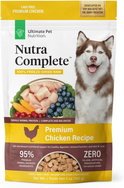 ULTIMATE PET NUTRITION Nutra Complete Raw Freeze Dried Dog Food, Veterinarian Formulated with Antioxidants, Prebiotics & Amino Acids (5 Ounce, Chicken)