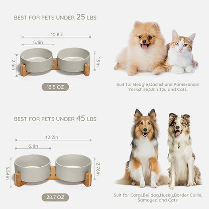 SPUNKYJUNKY Ceramic Dog and Cat Bowl with Wood Stand Non-Slip Matte Glaze Weighted Food Water Set for Cat Medium Dog 28.7 OZ