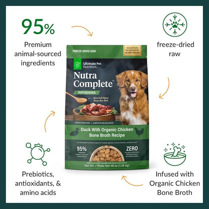 ULTIMATE PET NUTRITION Nutra Complete Bone Broth Infusions, 100% Freeze Dried Veterinarian Formulated Raw Dog Food with Antioxidants Prebiotics and Amino Acids (48 Ounce, Bone Broth Duck)