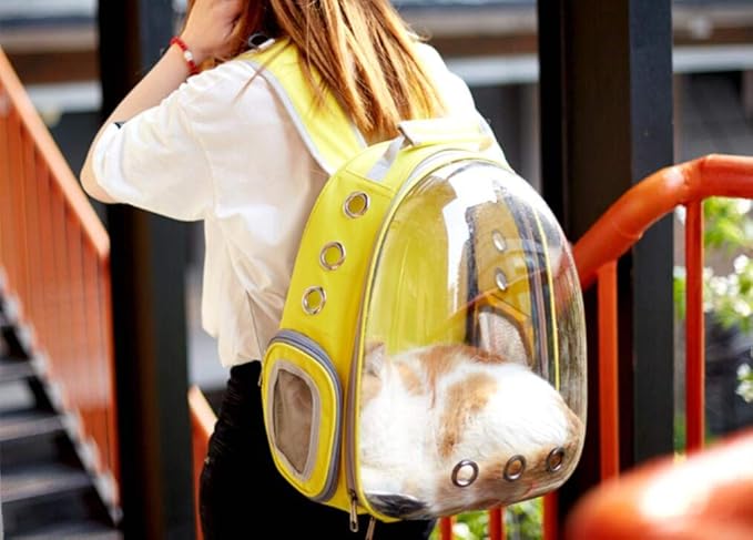 Magik Astronaut Pet Cat Dog Kitten Puppy Carrier Backpack Travel Full-View Breathable Bag Case Capsule for Small Dog and Cats, Transparent Waterproof Hiking Camping, Airline Approved (Yellow)