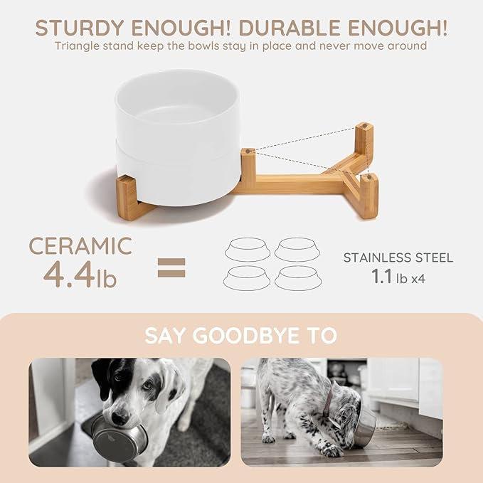 SPUNKYJUNKY Ceramic Dog and Cat Bowl with Wood Stand Non-Slip Matte Glaze Weighted Food Water Set for Cat Medium Dog 28.7 OZ