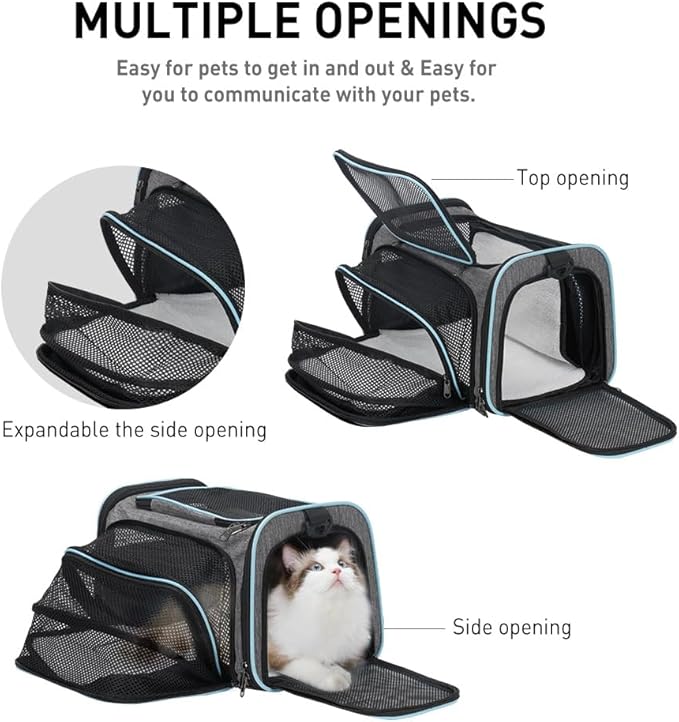 Fancial Expandable pet carrier, airline-approved collapsible cat soft-sided carrier with removable plush pad, suitable for cats, small dogs, small dogs (16.2 inches x 10 inches x 10.6 inches)