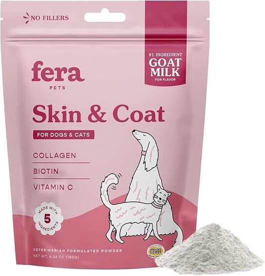 Fera Pet Organics Skin & Coat Goat Milk Cat & Dog – Vet Created - Pet Coat Thickness & Skin Hydration - Collagen, Biotin & Vitamin C - 60 Servings